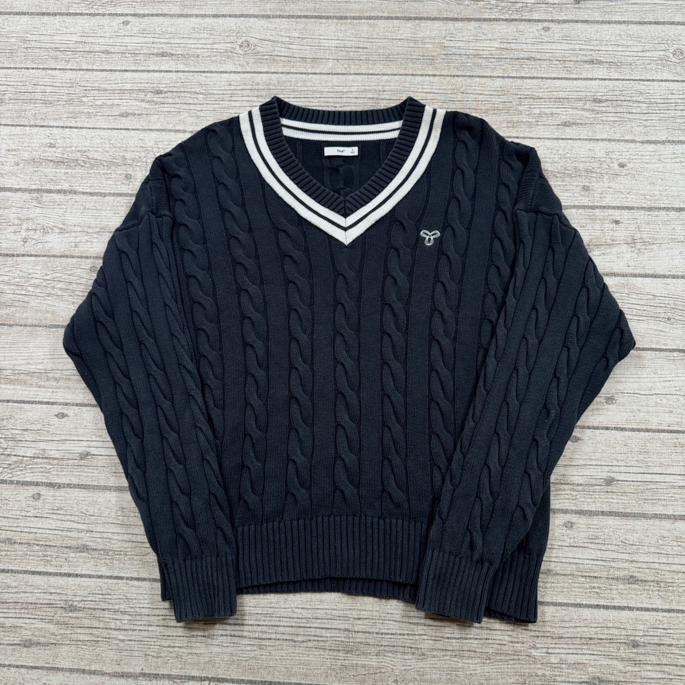 TNA Aritzia Sweater Women's Small Navy Blue Cable Knit V-Neck Varsity Pullover